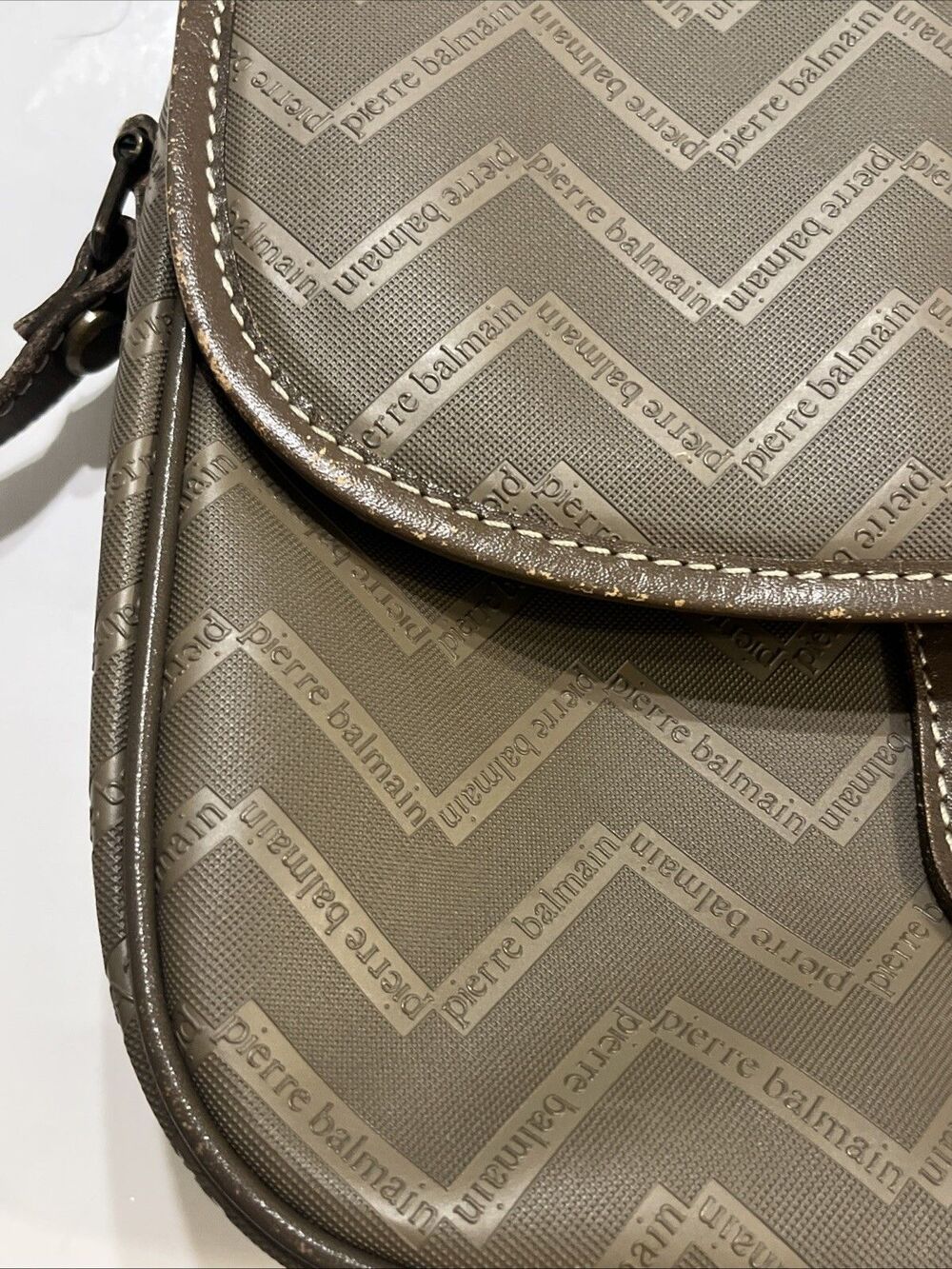 VGUC Vtg PIERRE BALMAIN Brown Monogram Zig Zag Crossbody Saddle Purse - Picture 4 of 14